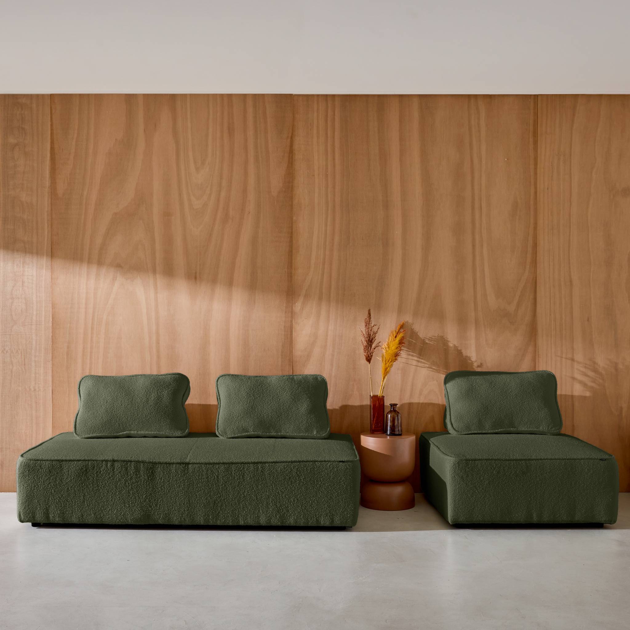 Divano modulare in bouclé, 3 posti, verde kaki