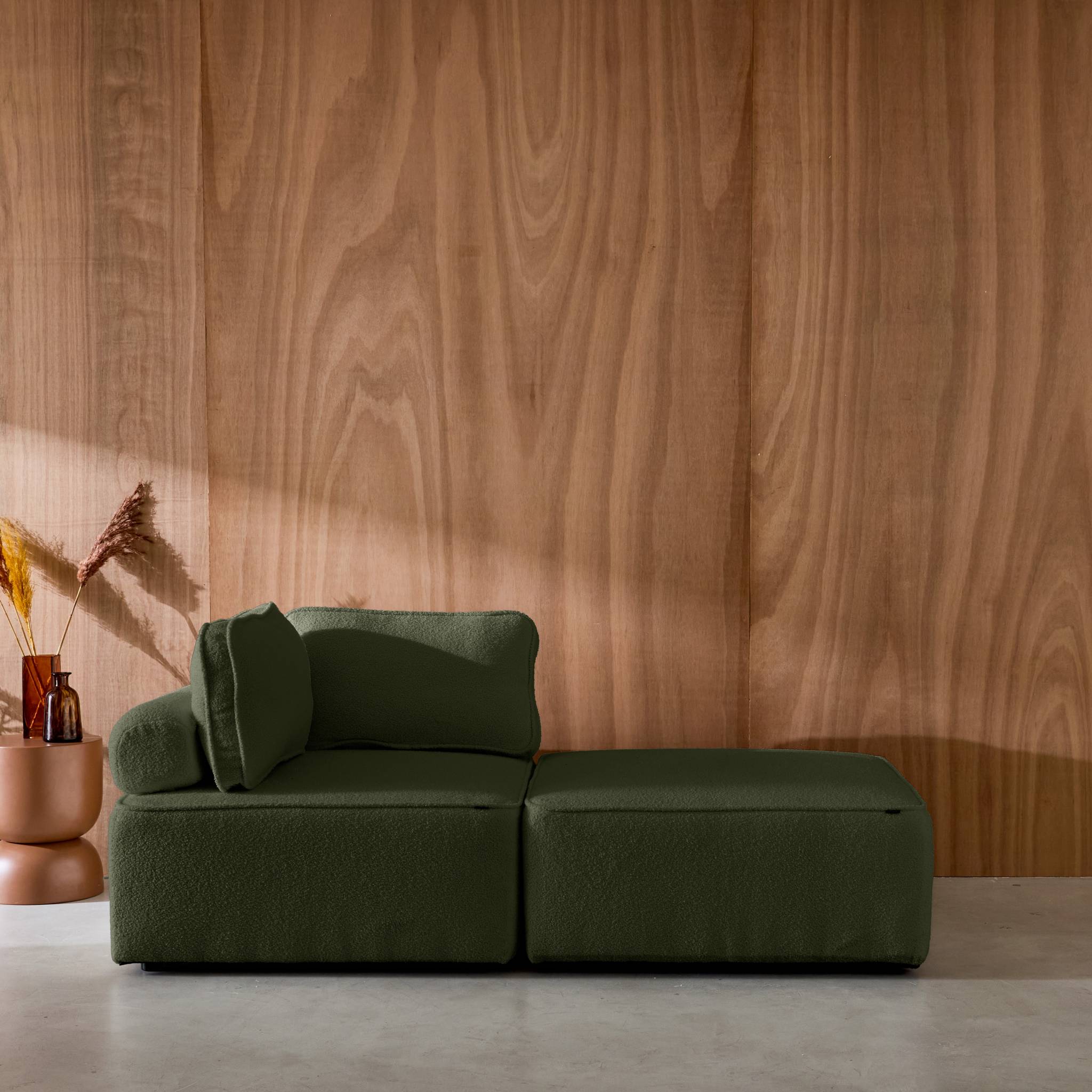 Divano modulare in bouclé, 2 posti, verde kaki