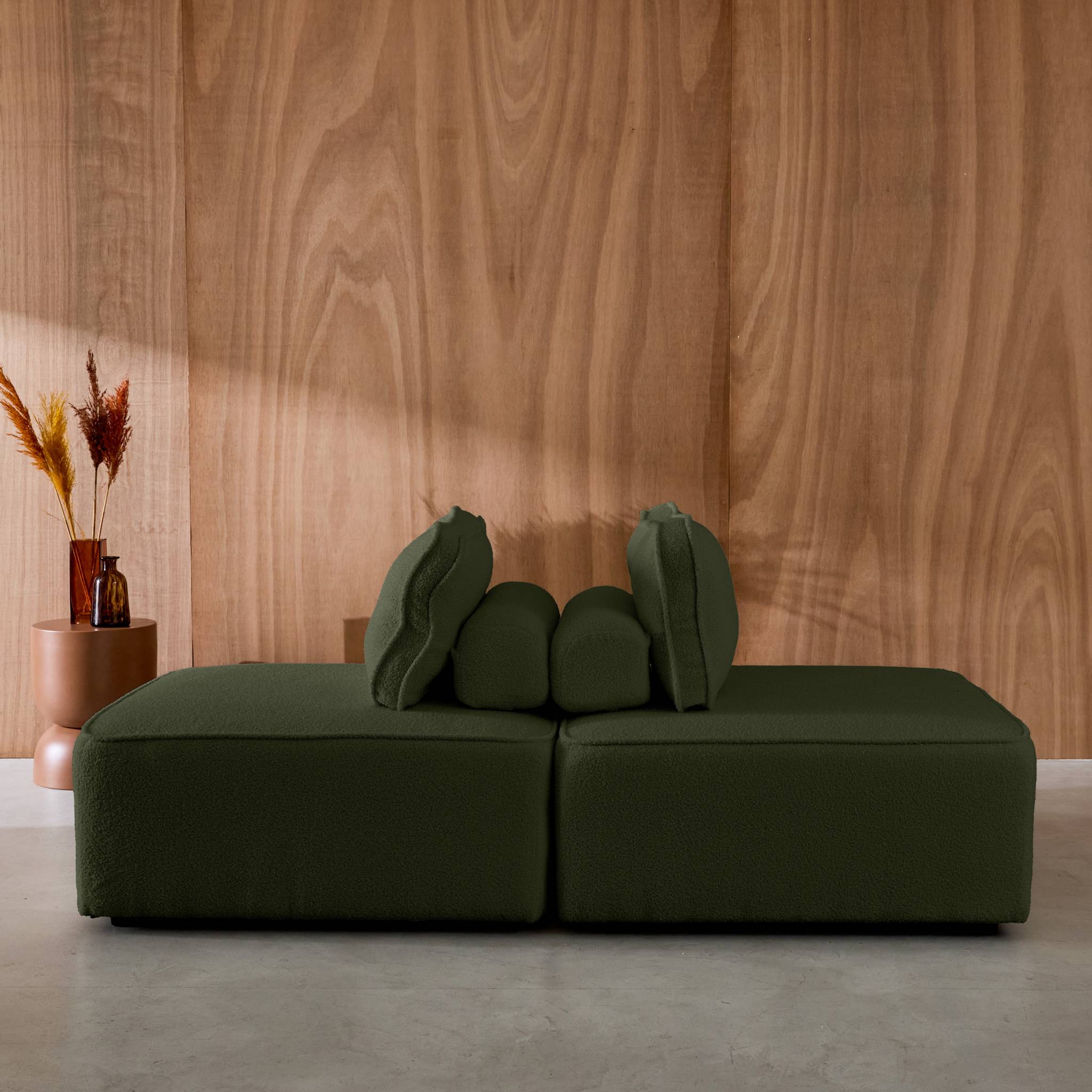 Divano modulare in bouclé, 2 posti, verde kaki