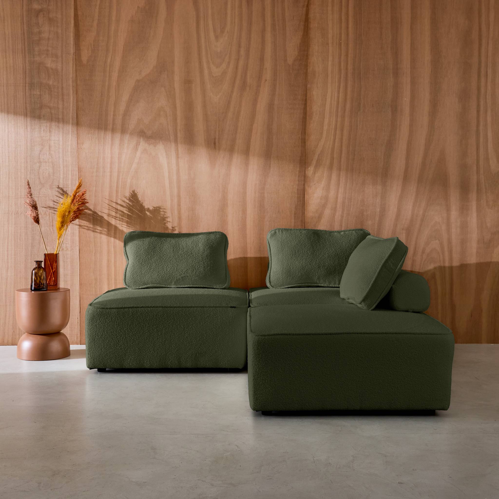 Divano modulare in bouclé, 3 posti, verde kaki
