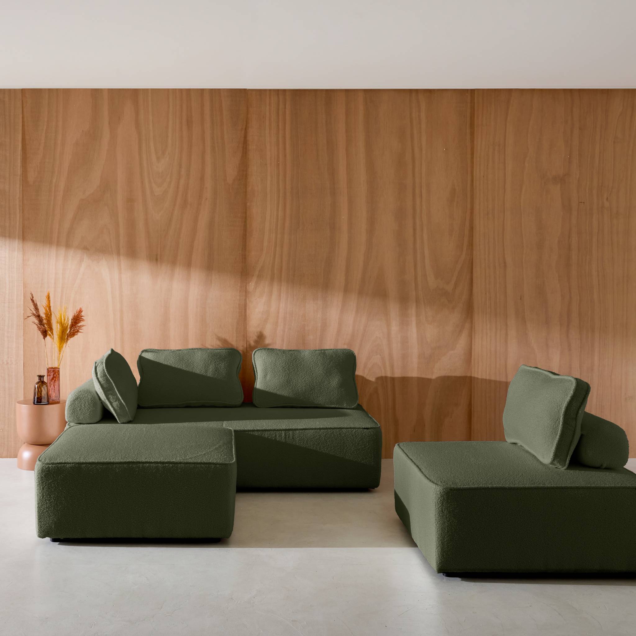 Divano modulare in bouclé, 4 posti, verde kaki