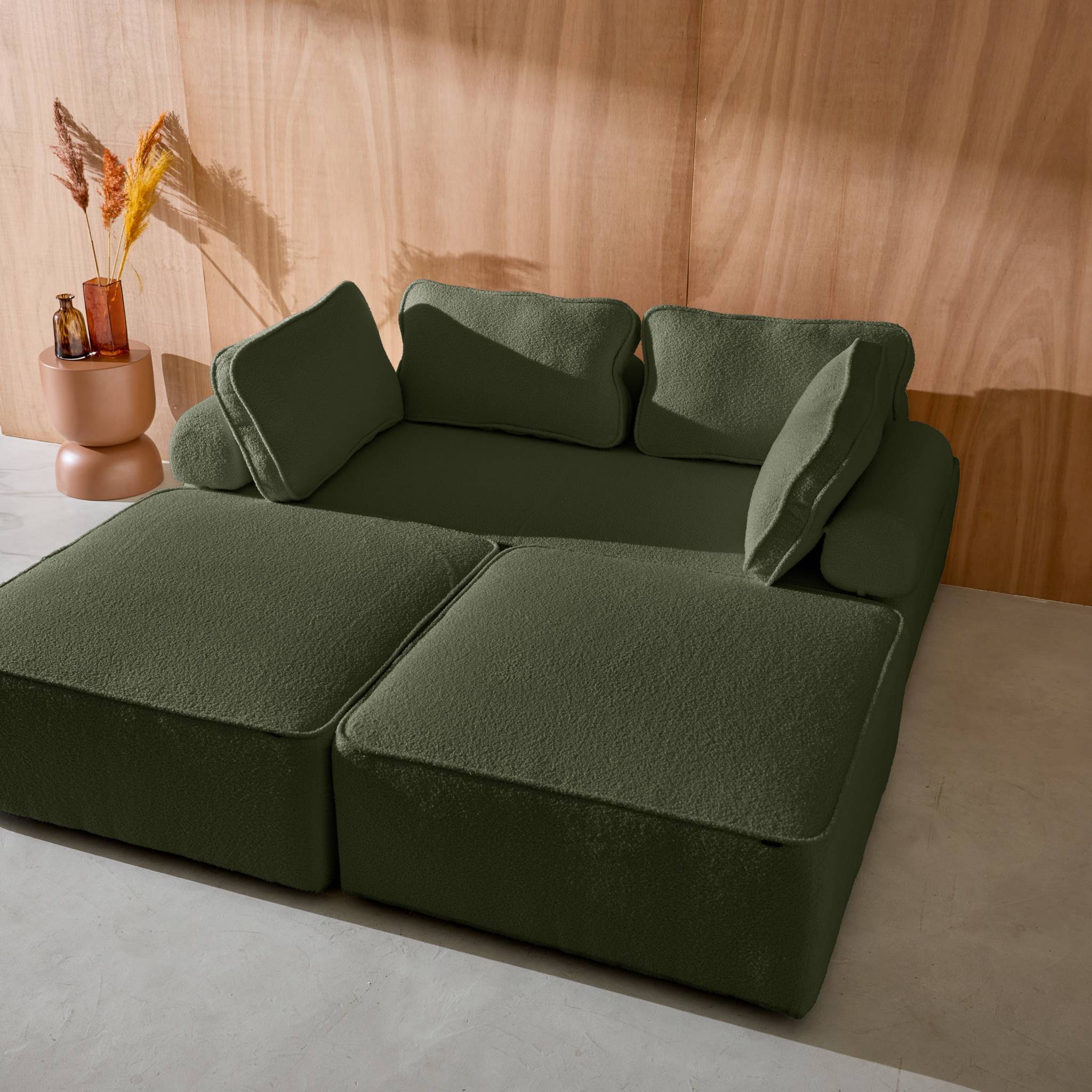 Divano modulare in bouclé, 4 posti, verde kaki