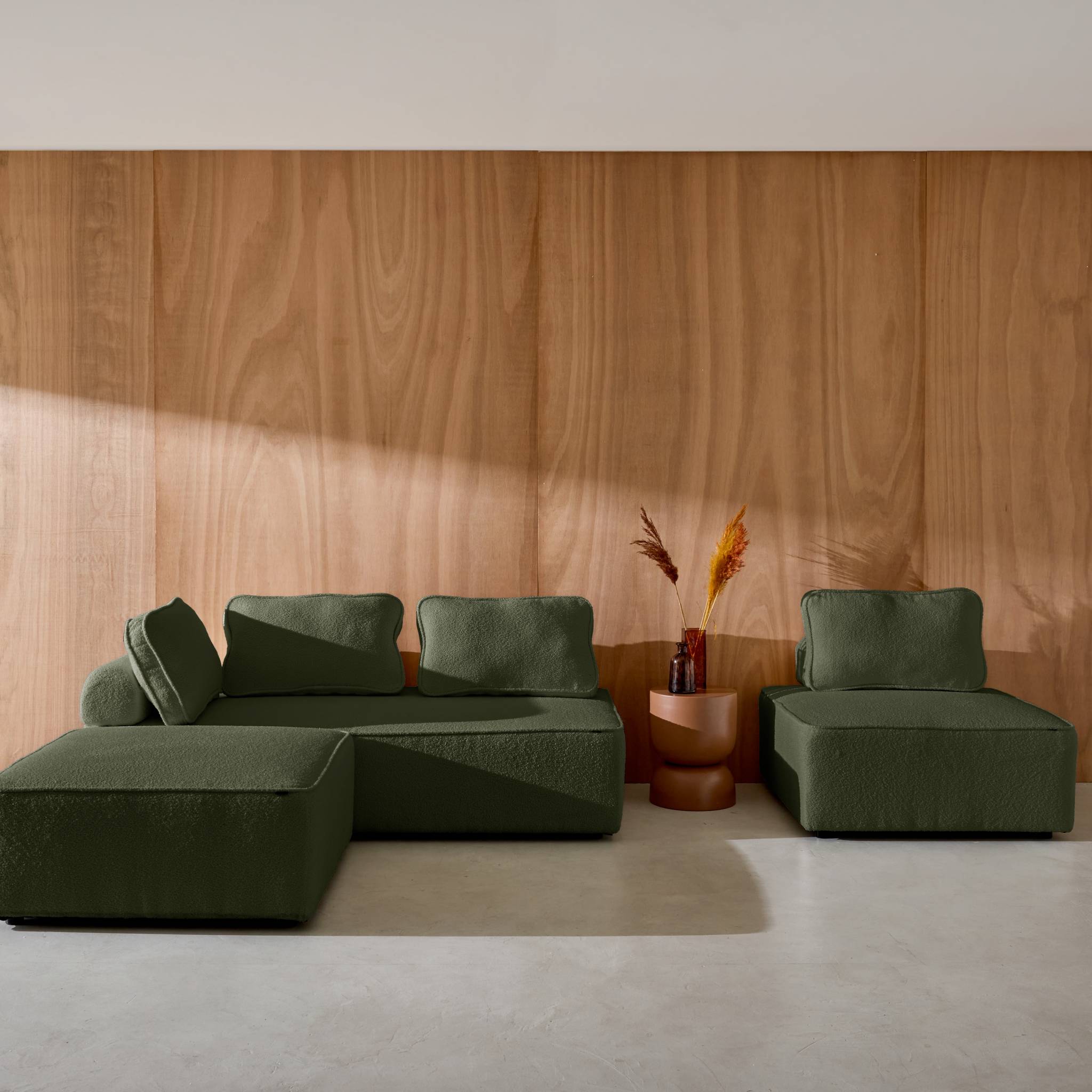 Divano modulare in bouclé, 4 posti, verde kaki