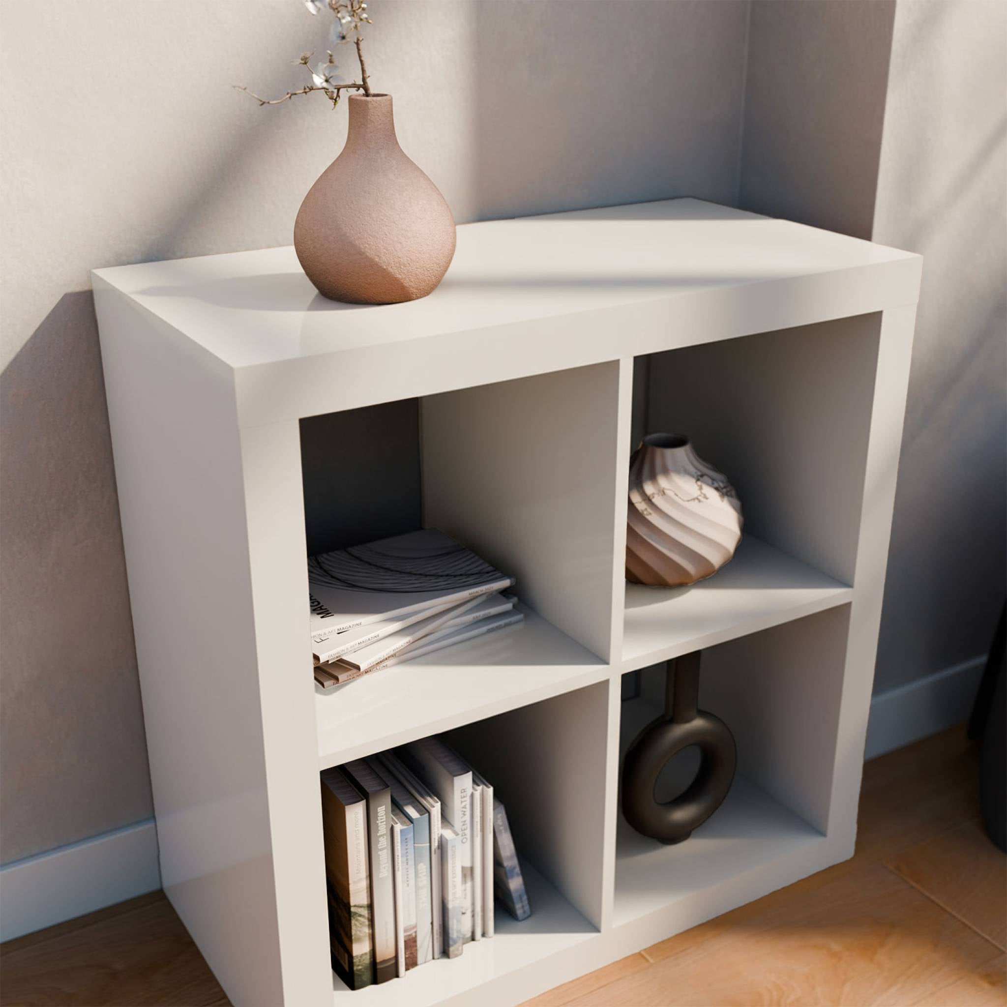 Libreria cubica, 2 livelli, 4 vani, bianco