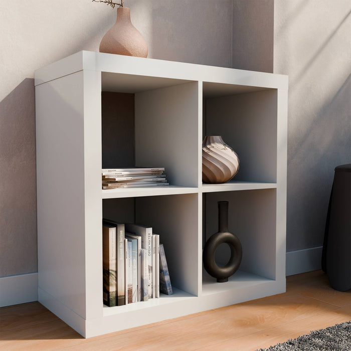 Libreria cubica, 2 livelli, 4 vani, bianco