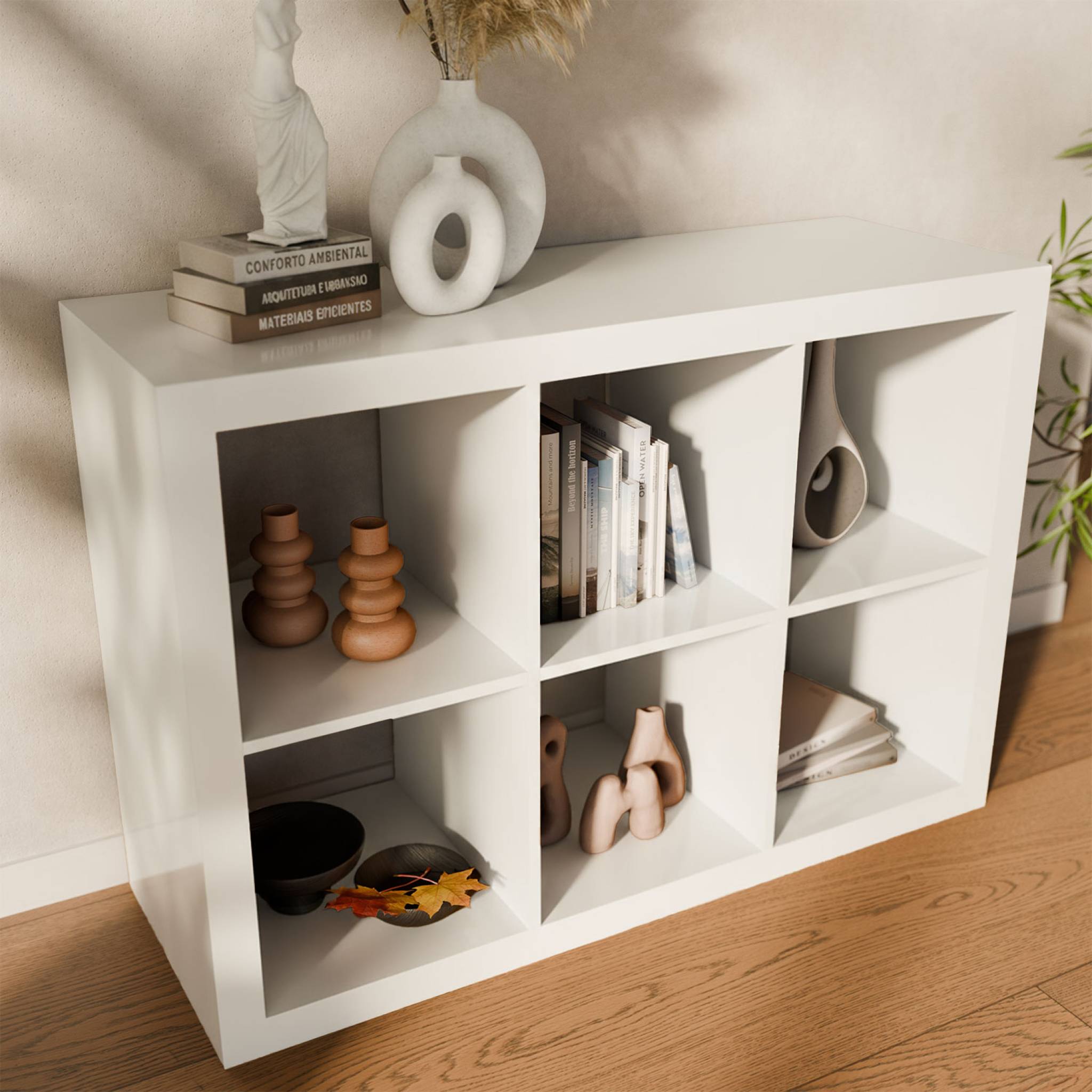 Libreria a 2 livelli con 6 scomparti, bianco