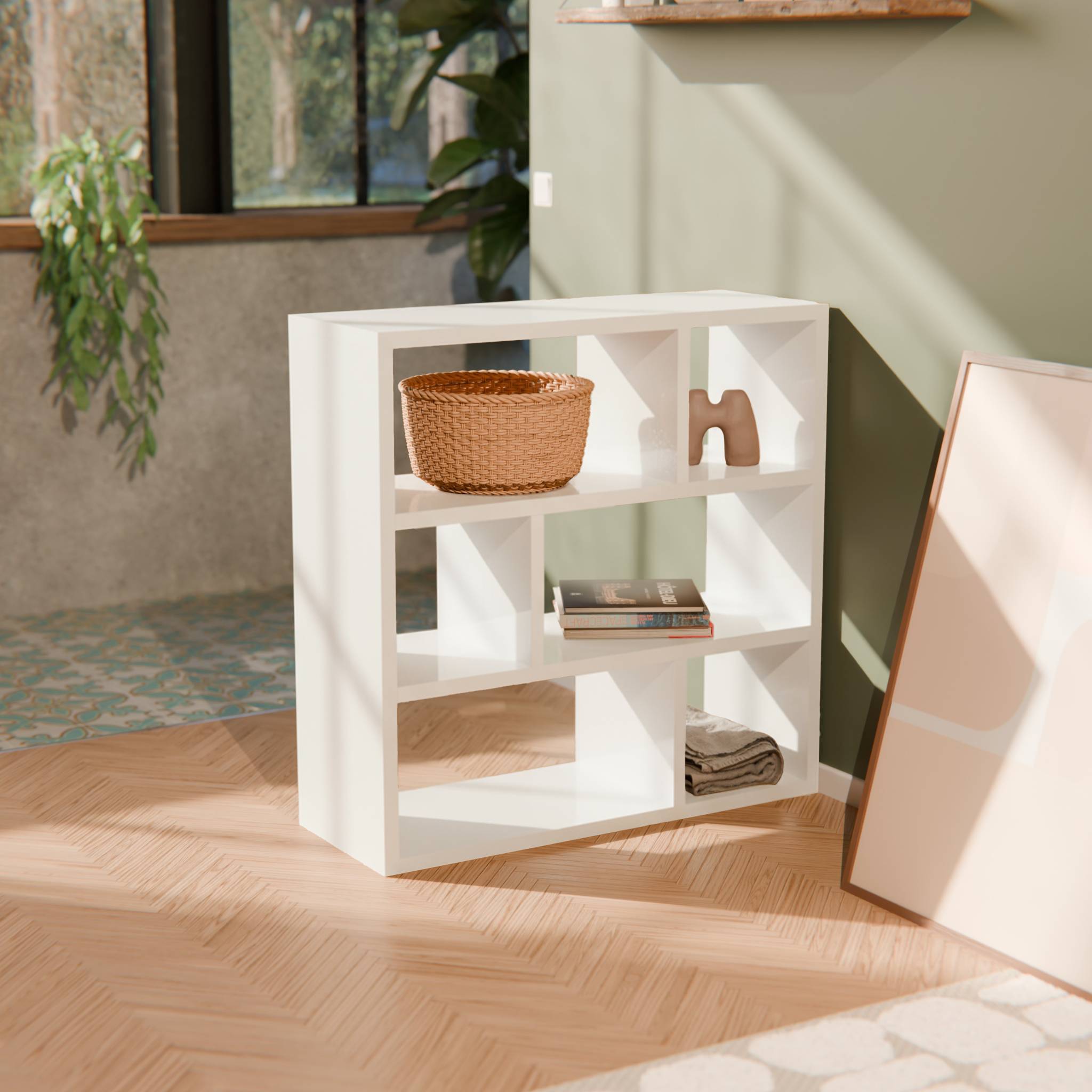 Libreria asimmetrica a 3 livelli con 6 vani, bianco