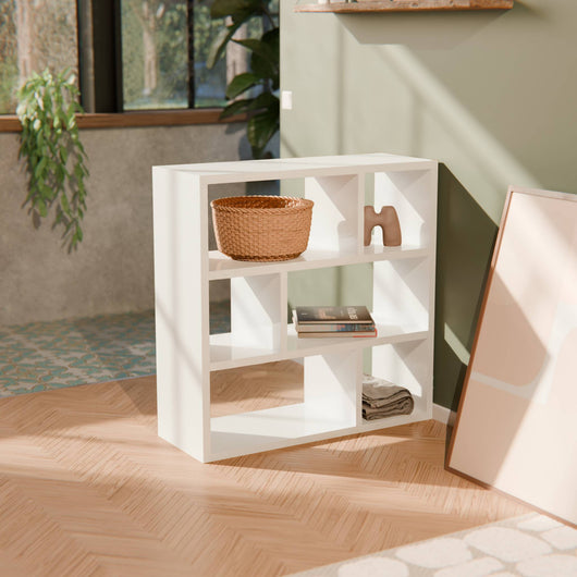 Libreria asimmetrica a 3 livelli con 6 vani, bianco