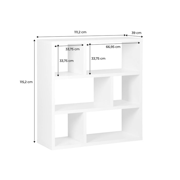 Libreria asimmetrica a 3 livelli con 6 vani, bianco
