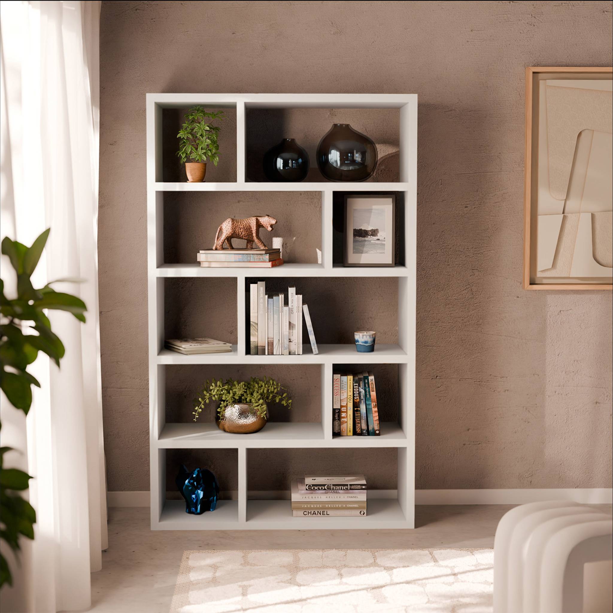Libreria asimmetrica a 5 livelli con 10 scomparti, bianco