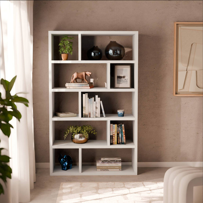 Libreria asimmetrica a 5 livelli con 10 scomparti, bianco