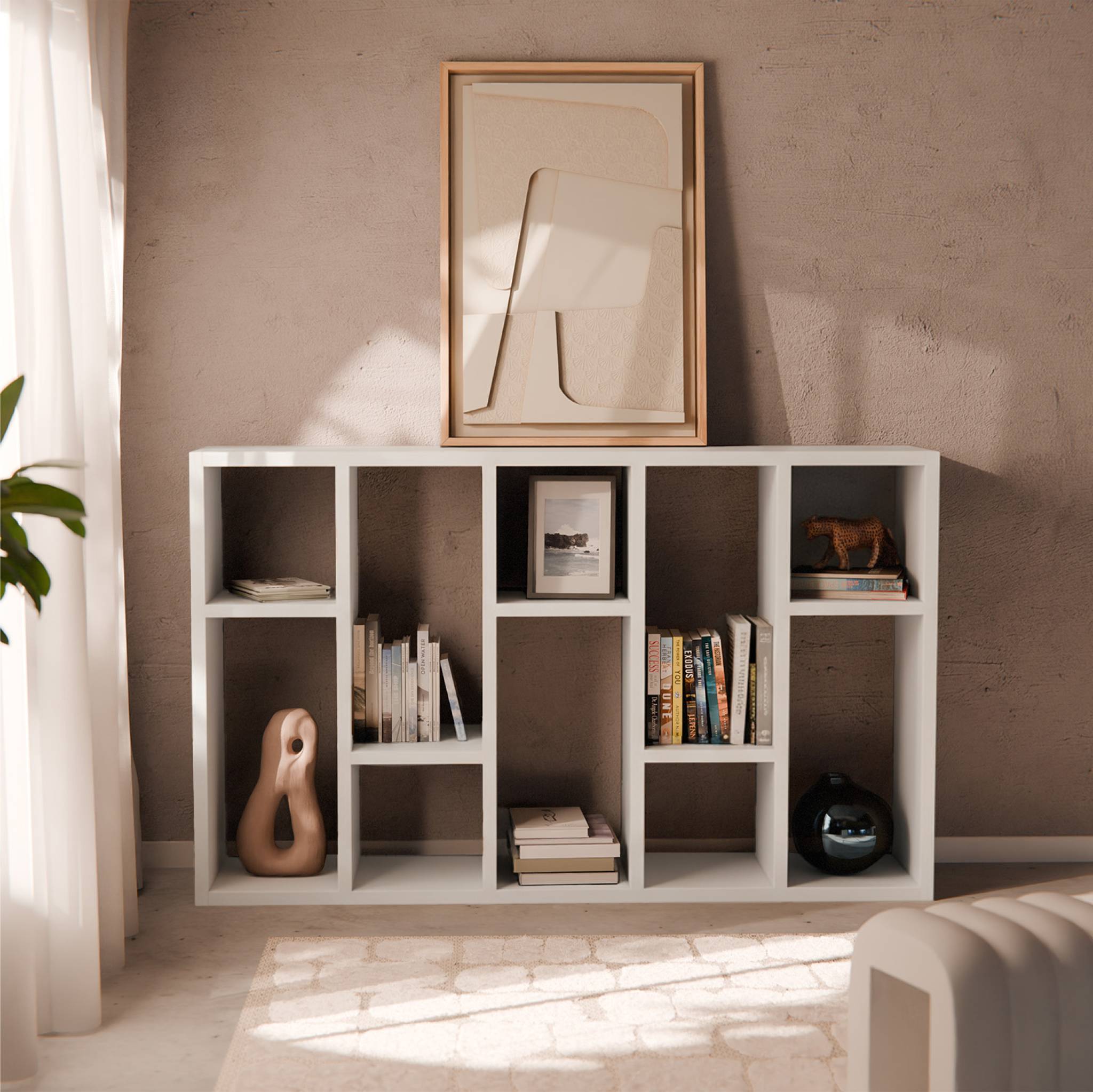 Libreria asimmetrica a 5 livelli con 10 scomparti, bianco