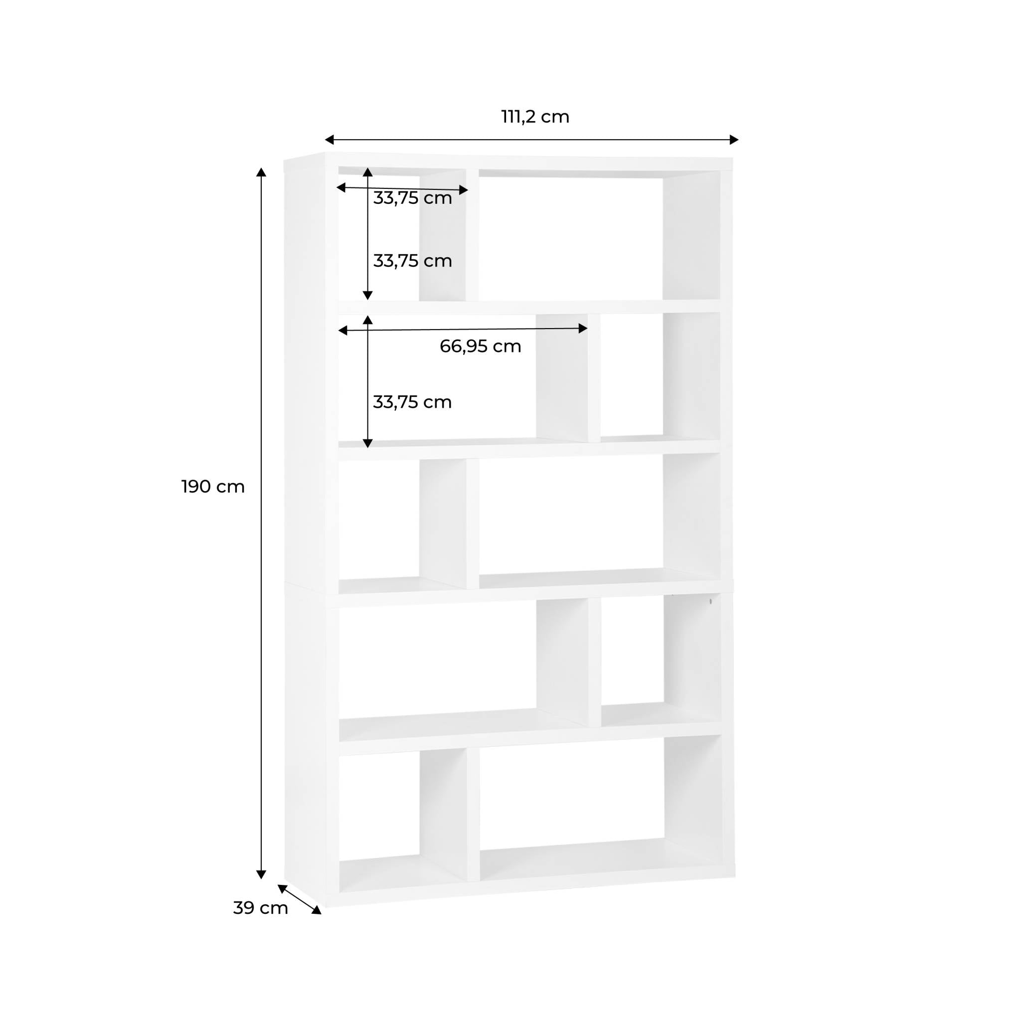 Libreria asimmetrica a 5 livelli con 10 scomparti, bianco