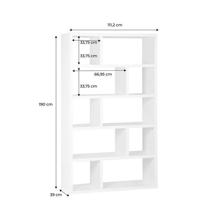 Libreria asimmetrica a 5 livelli con 10 scomparti, bianco
