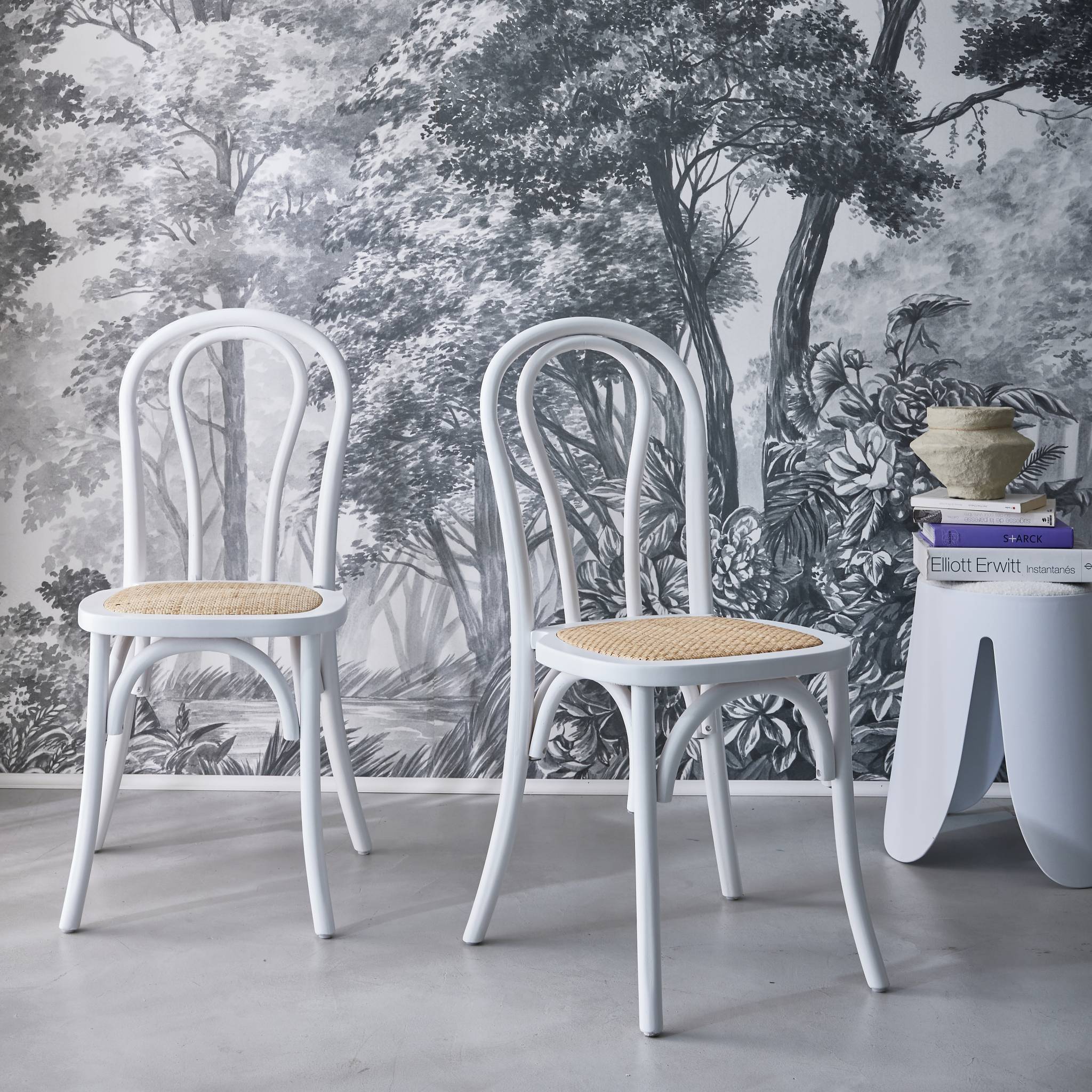 Set di 2 sedie vintage in legno e rattan, bianco