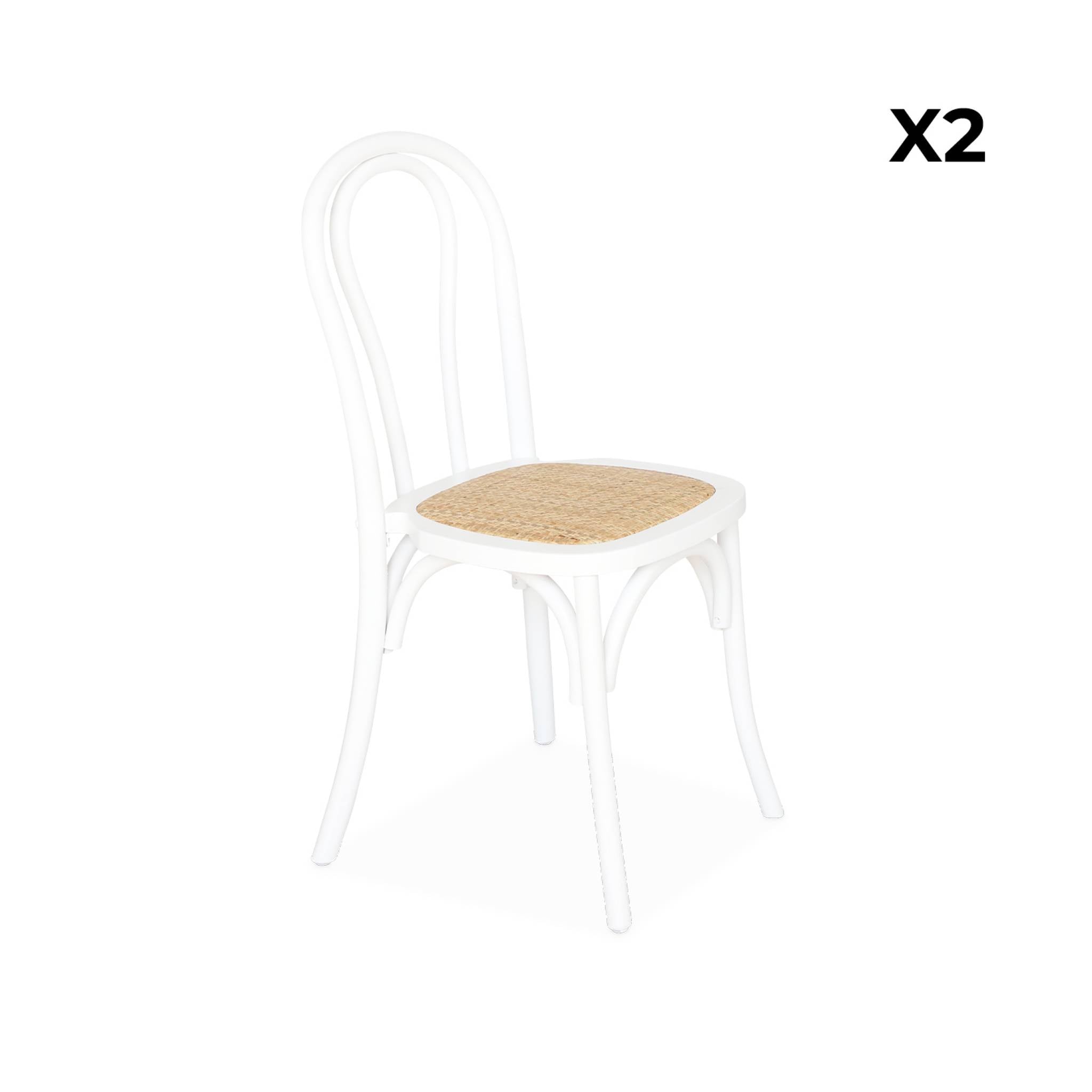 Set di 2 sedie vintage in legno e rattan, bianco