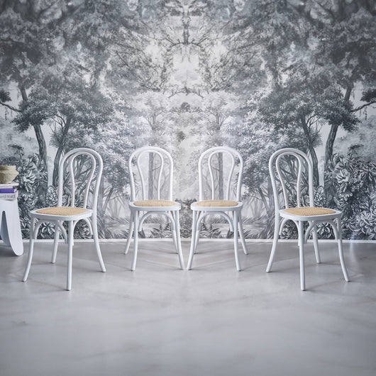 Set di 4 sedie vintage in legno e rattan, bianco