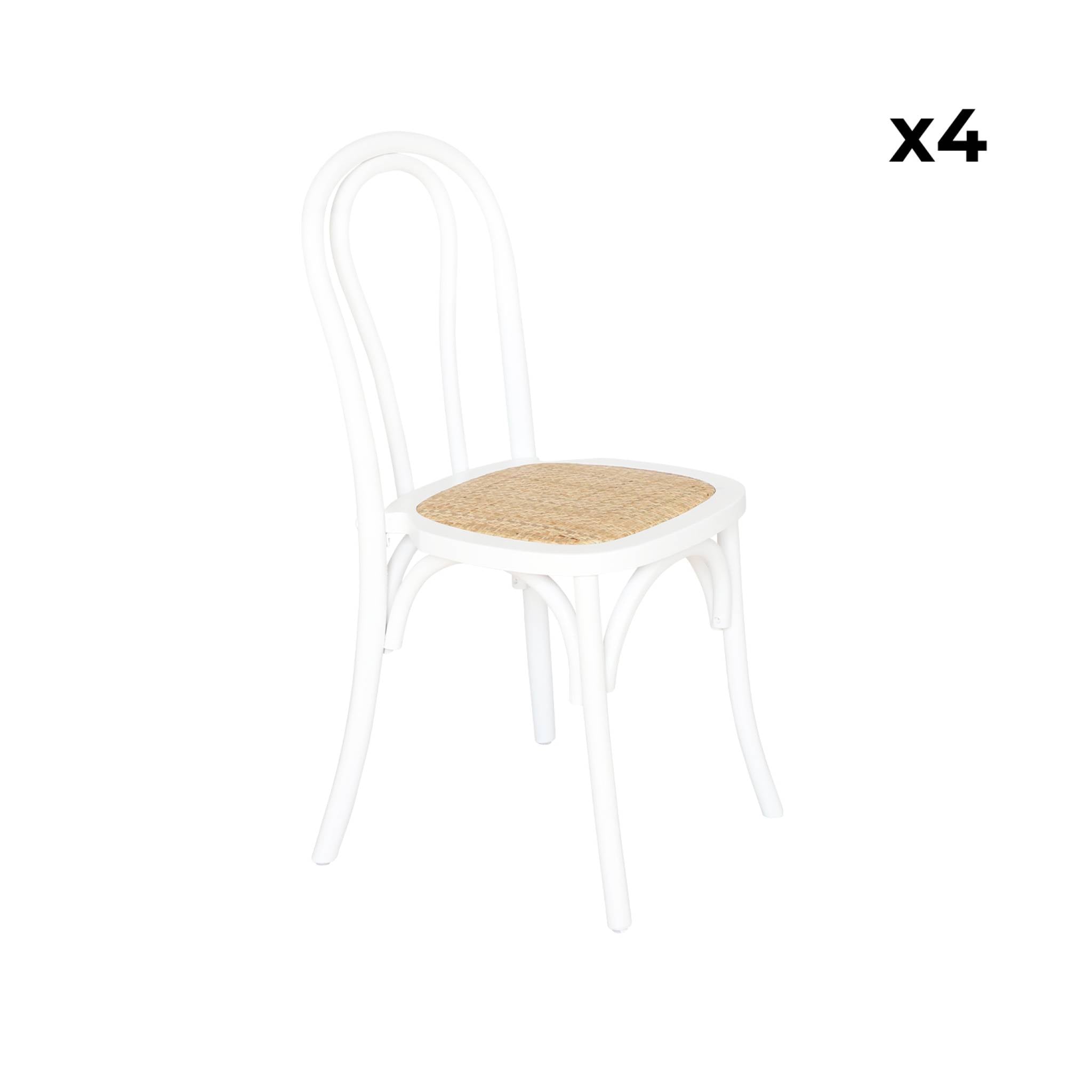 Set di 4 sedie vintage in legno e rattan, bianco