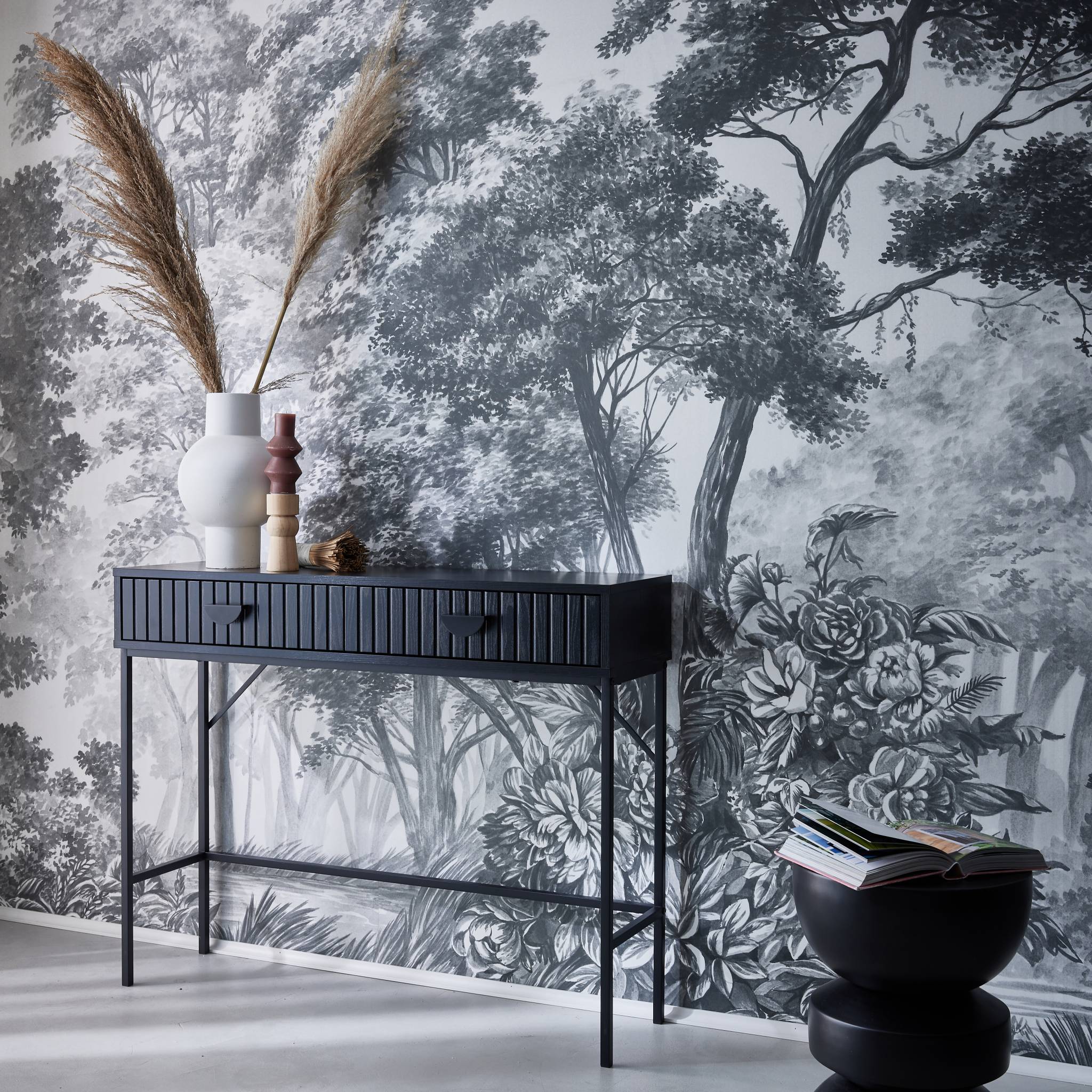 Consolle con effetto legno scanalato nero a 2 cassetti, 100cm, nero