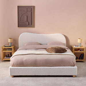 Letto con rete a doghe e testiera, bianco con finitura bouclé, bianco