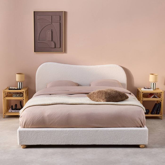 Letto con rete a doghe e testiera, bianco con finitura bouclé, bianco