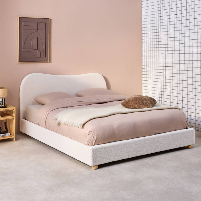 Letto con rete a doghe e testiera, bianco con finitura bouclé, bianco