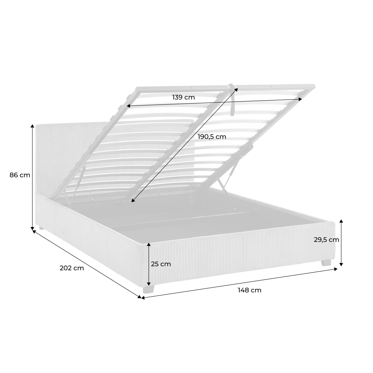 Letto a cassettone con rete a doghe 140cm, velluto a coste grosse,