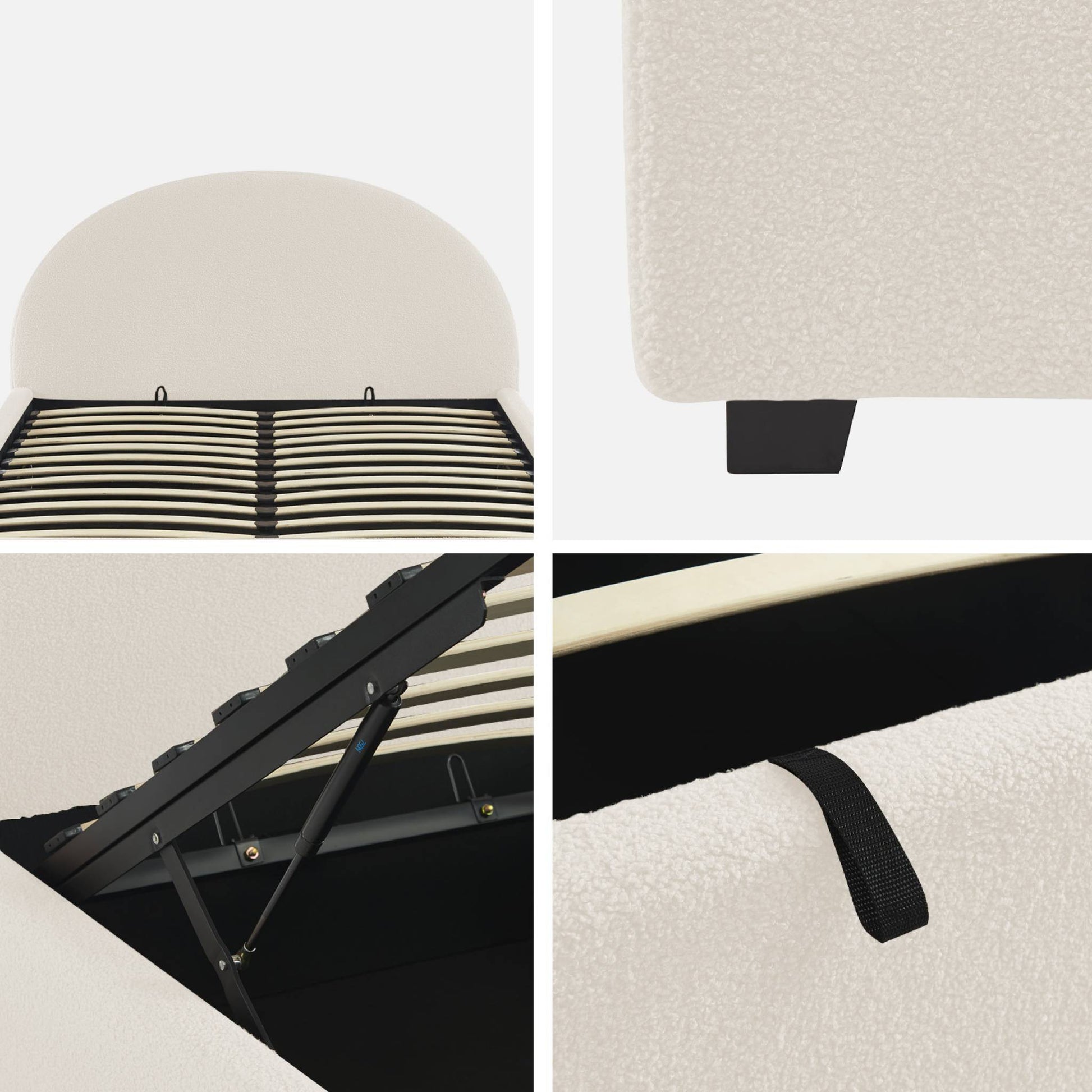 Struttura letto con contenitore e testiera 140cm, imbottita bouclé,