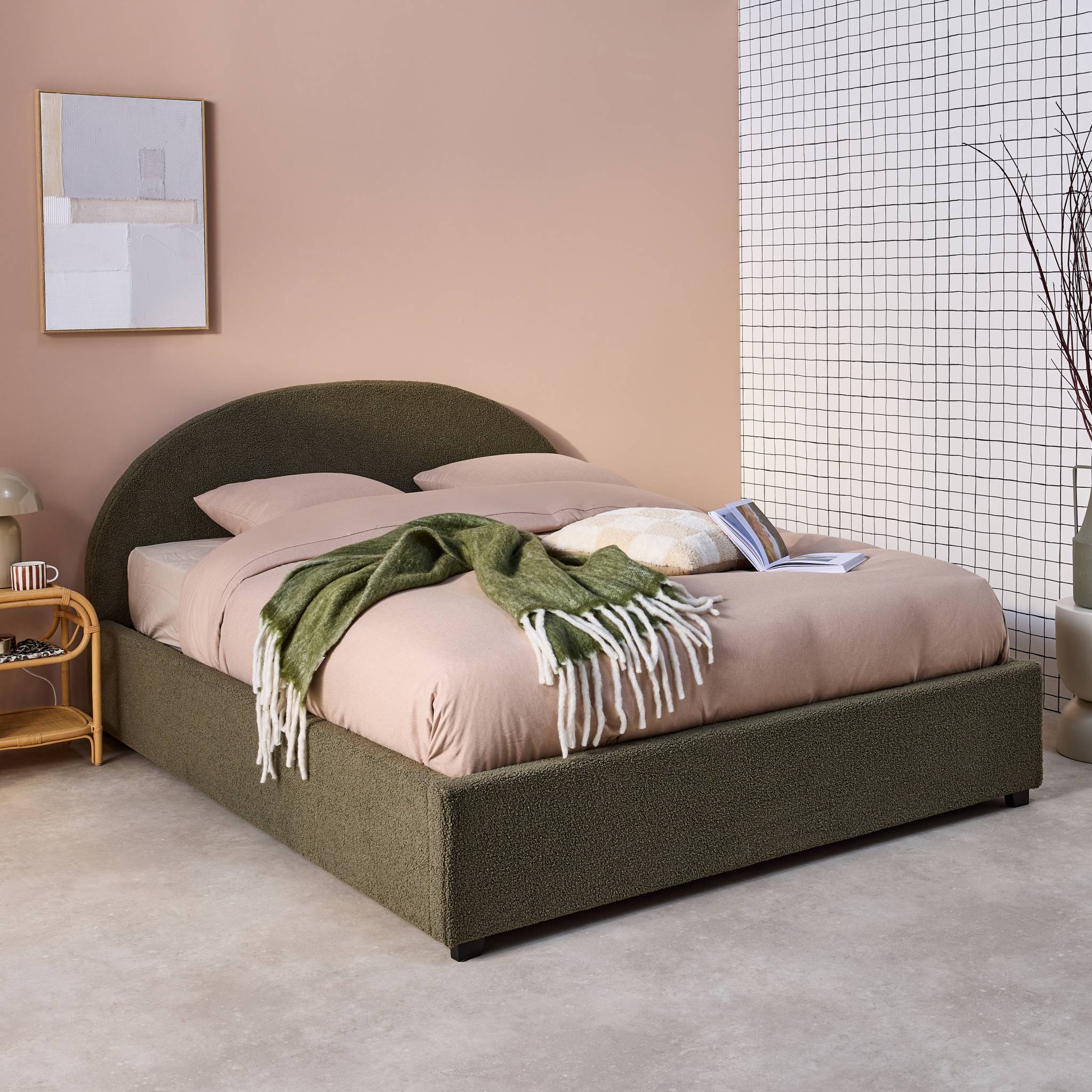 Struttura letto con contenitore e testiera 140cm, imbottita bouclé,