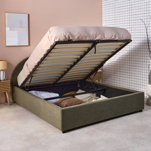 Struttura letto con contenitore e testiera 140cm, imbottita bouclé,