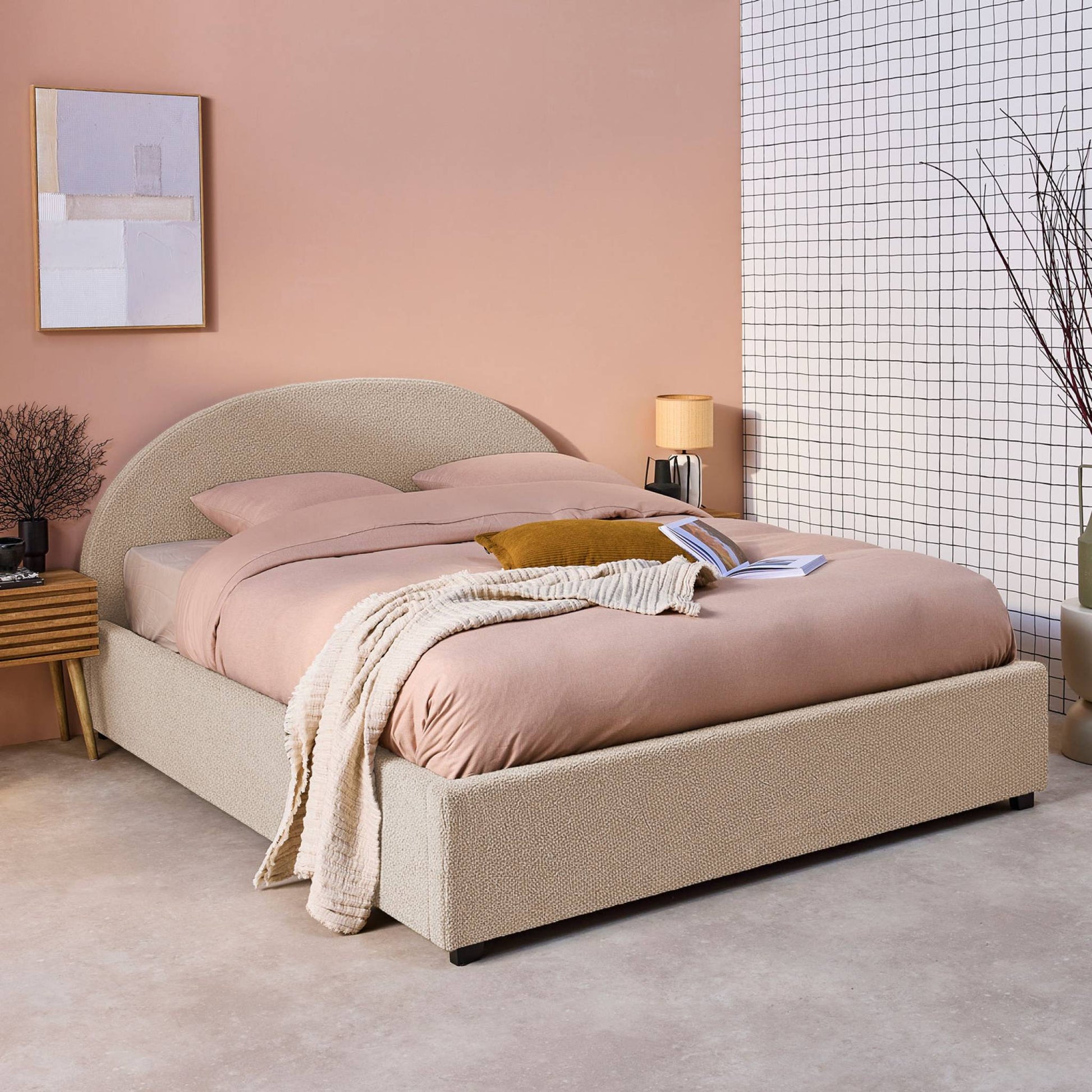 Struttura letto con contenitore e testiera 160cm, imbottita bouclé,