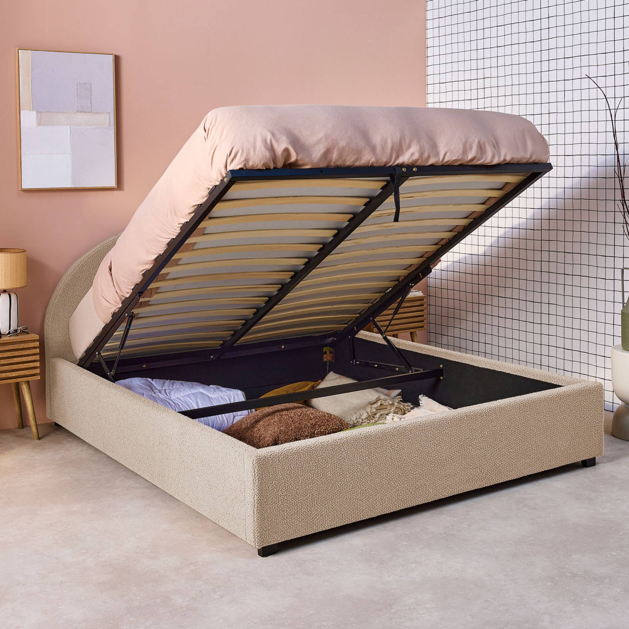 Struttura letto con contenitore e testiera 160cm, imbottita bouclé,