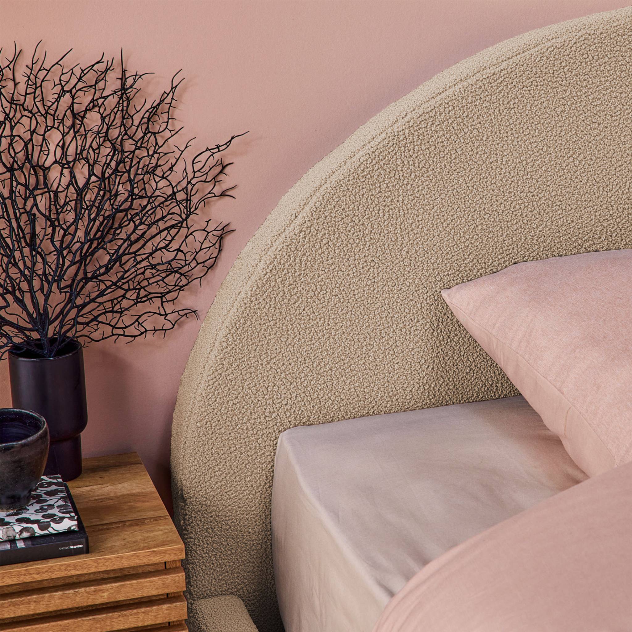 Struttura letto con contenitore e testiera 160cm, imbottita bouclé,