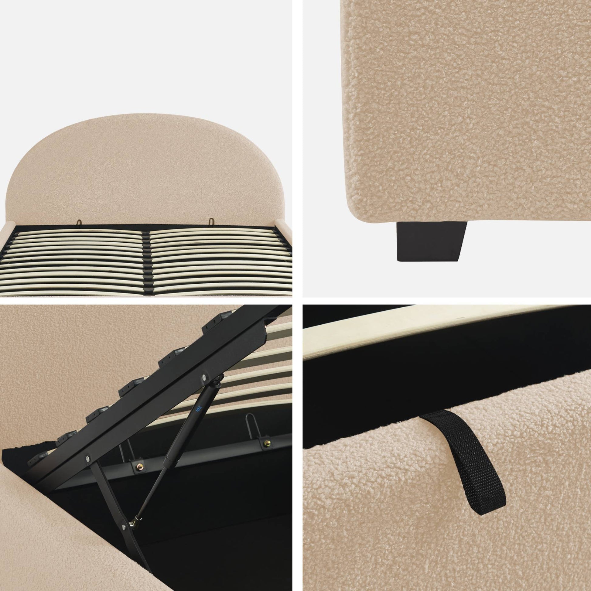 Struttura letto con contenitore e testiera 160cm, imbottita bouclé,
