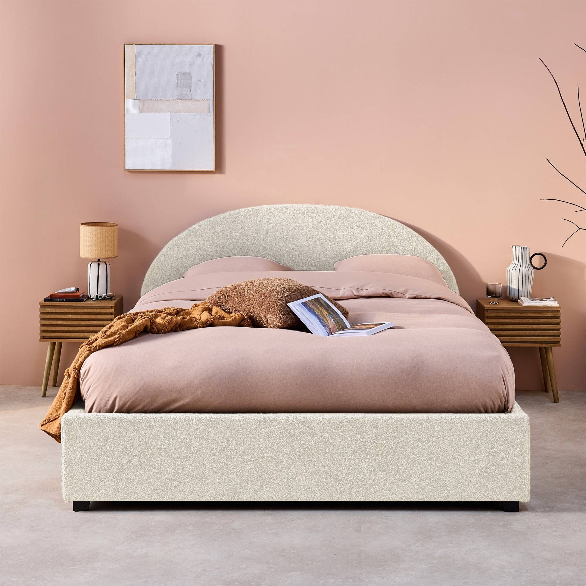 Struttura letto con contenitore e testiera 140cm, imbottita bouclé,