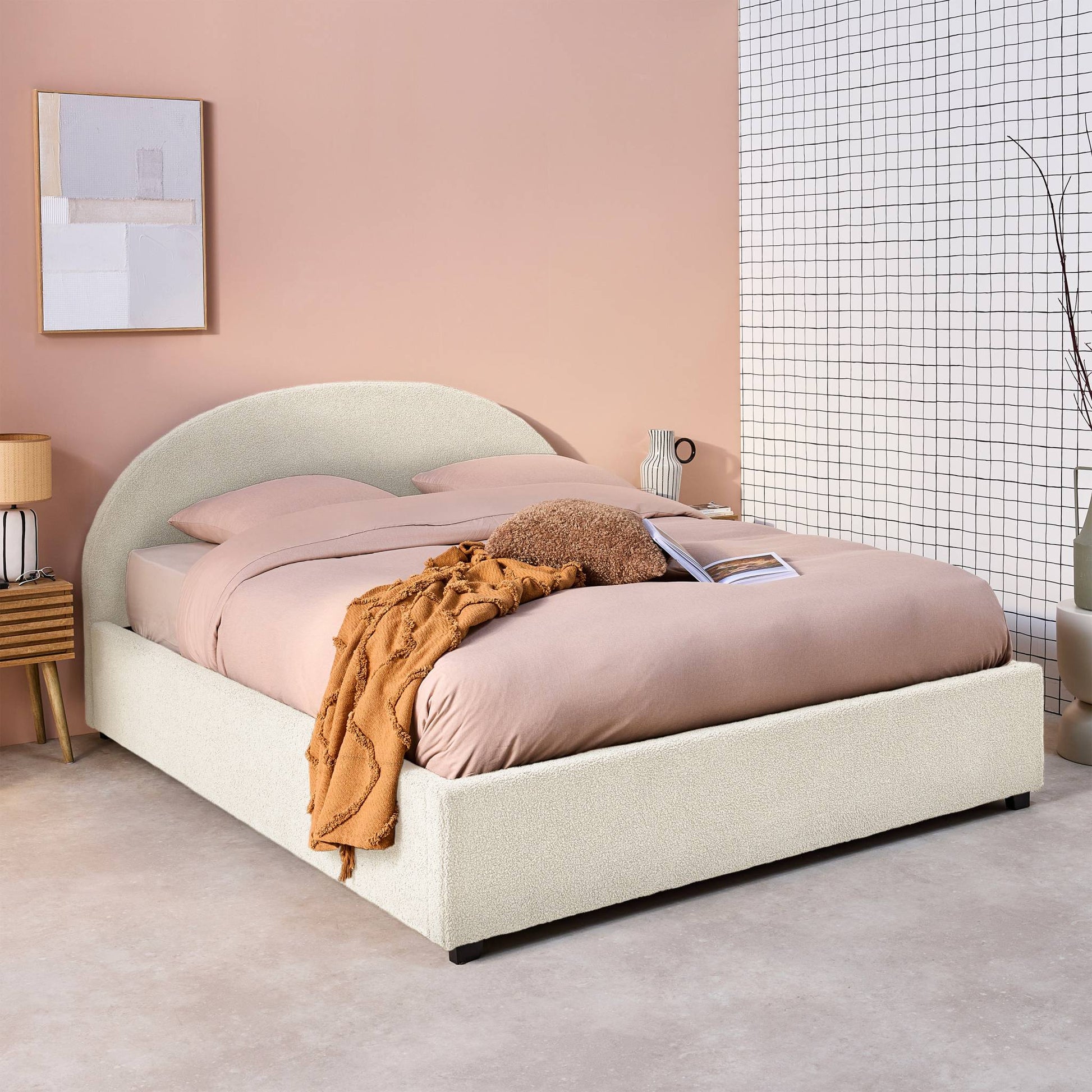 Struttura letto con contenitore e testiera 140cm, imbottita bouclé,