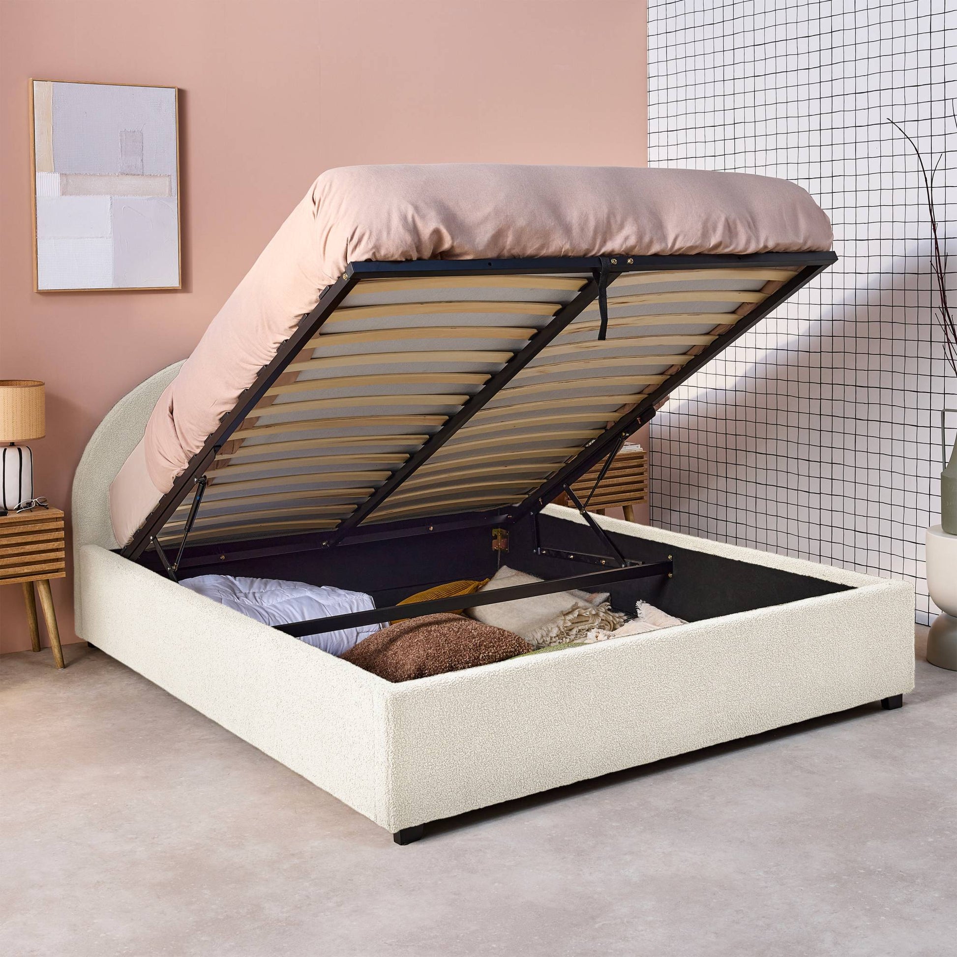 Struttura letto con contenitore e testiera 140cm, imbottita bouclé,