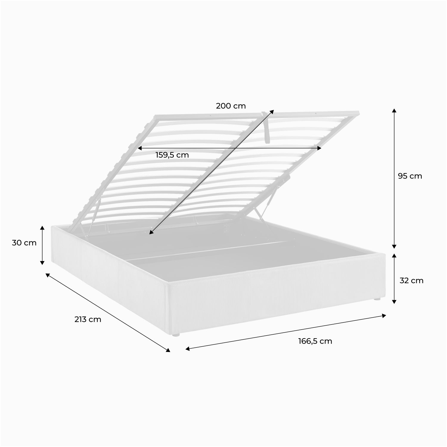 struttura letto con contenitore e rete a doghe 160cm, imbottita coste
