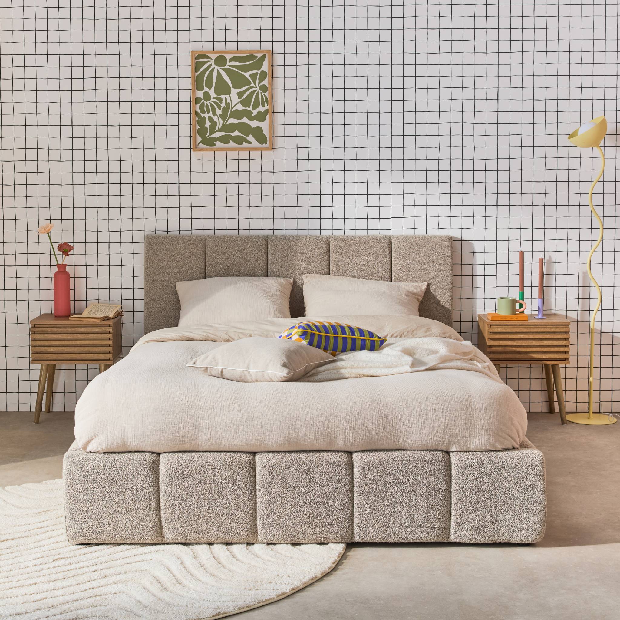Letto box con rete a doghe e testiera 160 x 200 cm, bouclé , beige