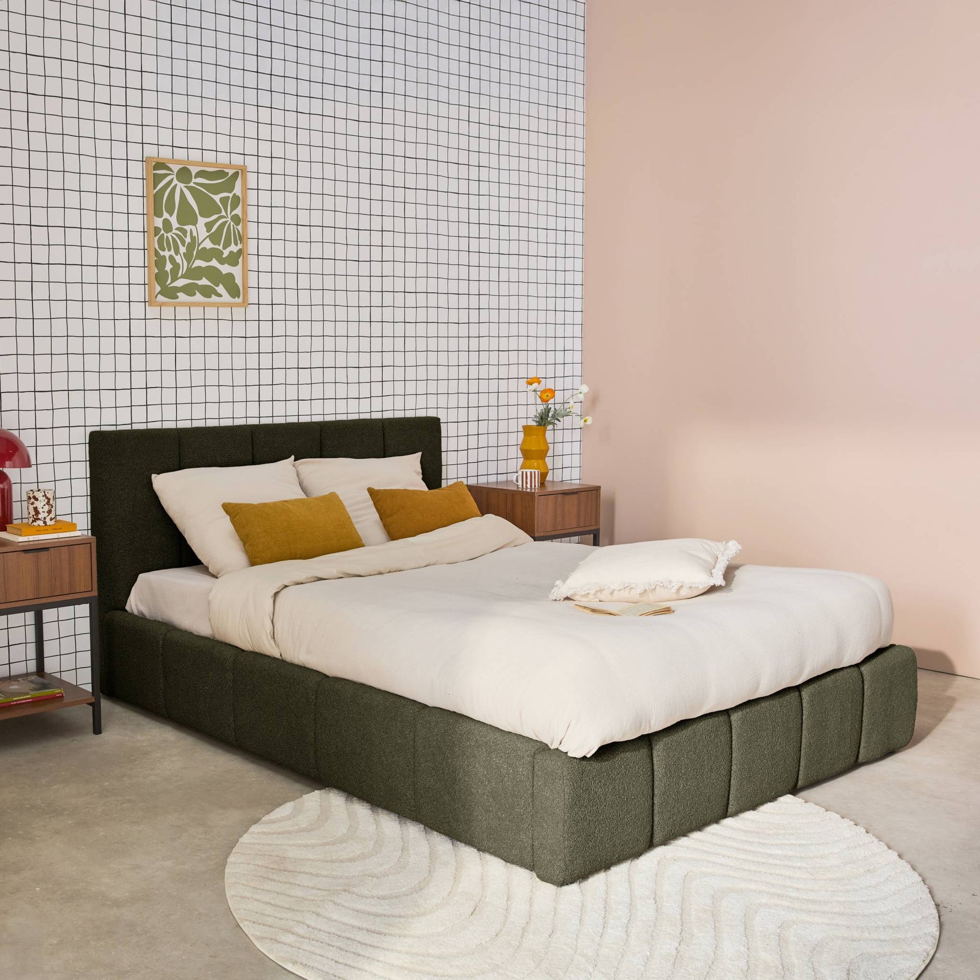 Letto box con rete a doghe e testiera 160 x 200 cm, bouclé , verde