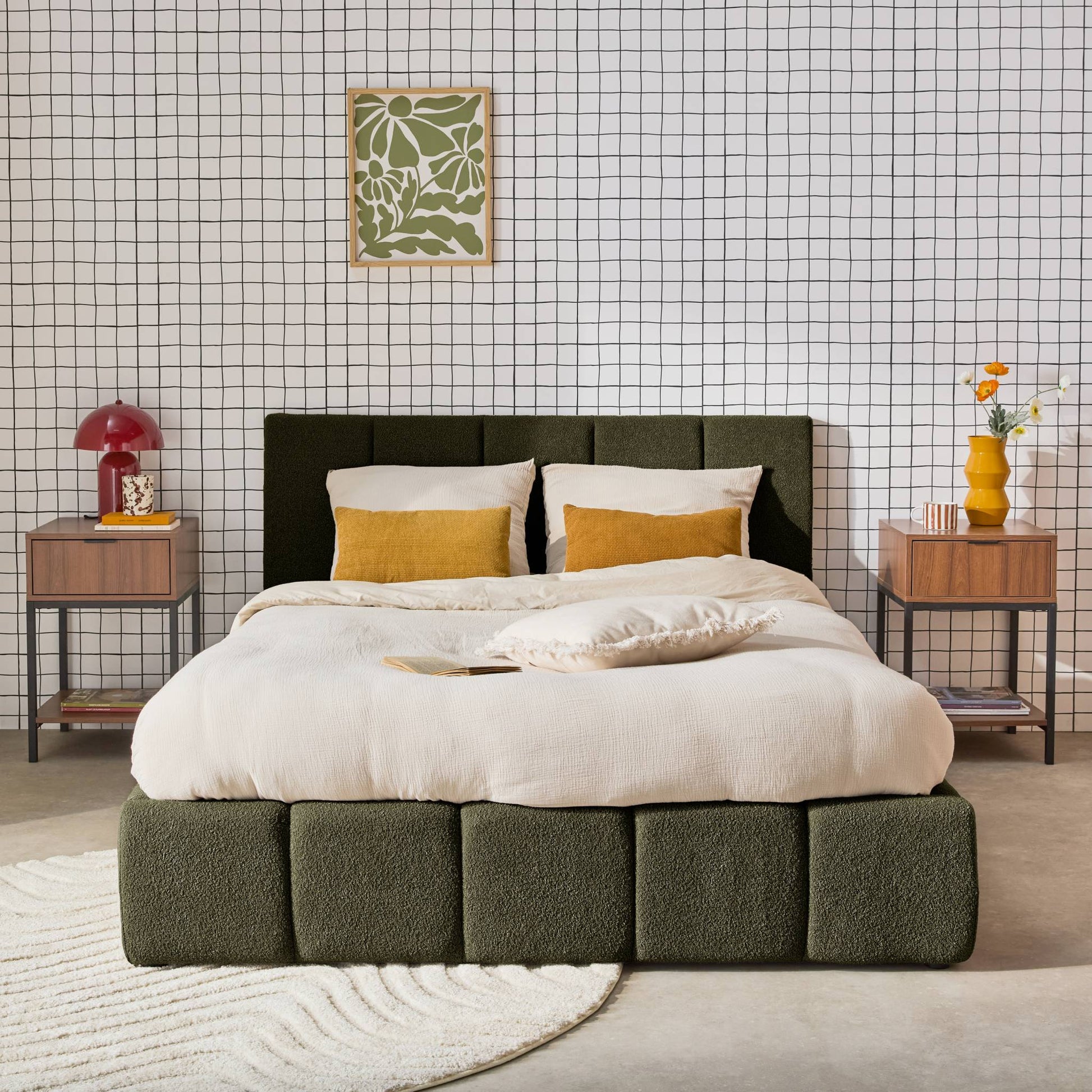 Letto box con rete a doghe e testiera 160 x 200 cm, bouclé , verde