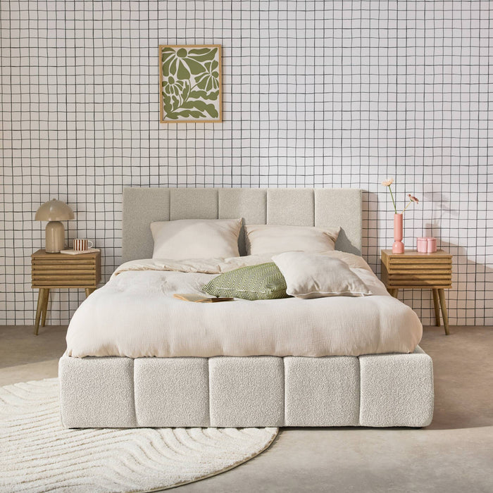 Letto box con rete a doghe e testiera 160 x 200 cm, bouclé , bianco