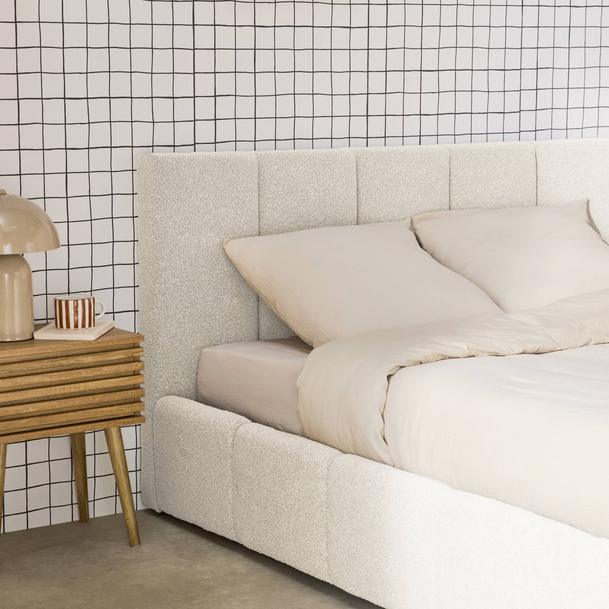 Letto box con rete a doghe e testiera 160 x 200 cm, bouclé , bianco