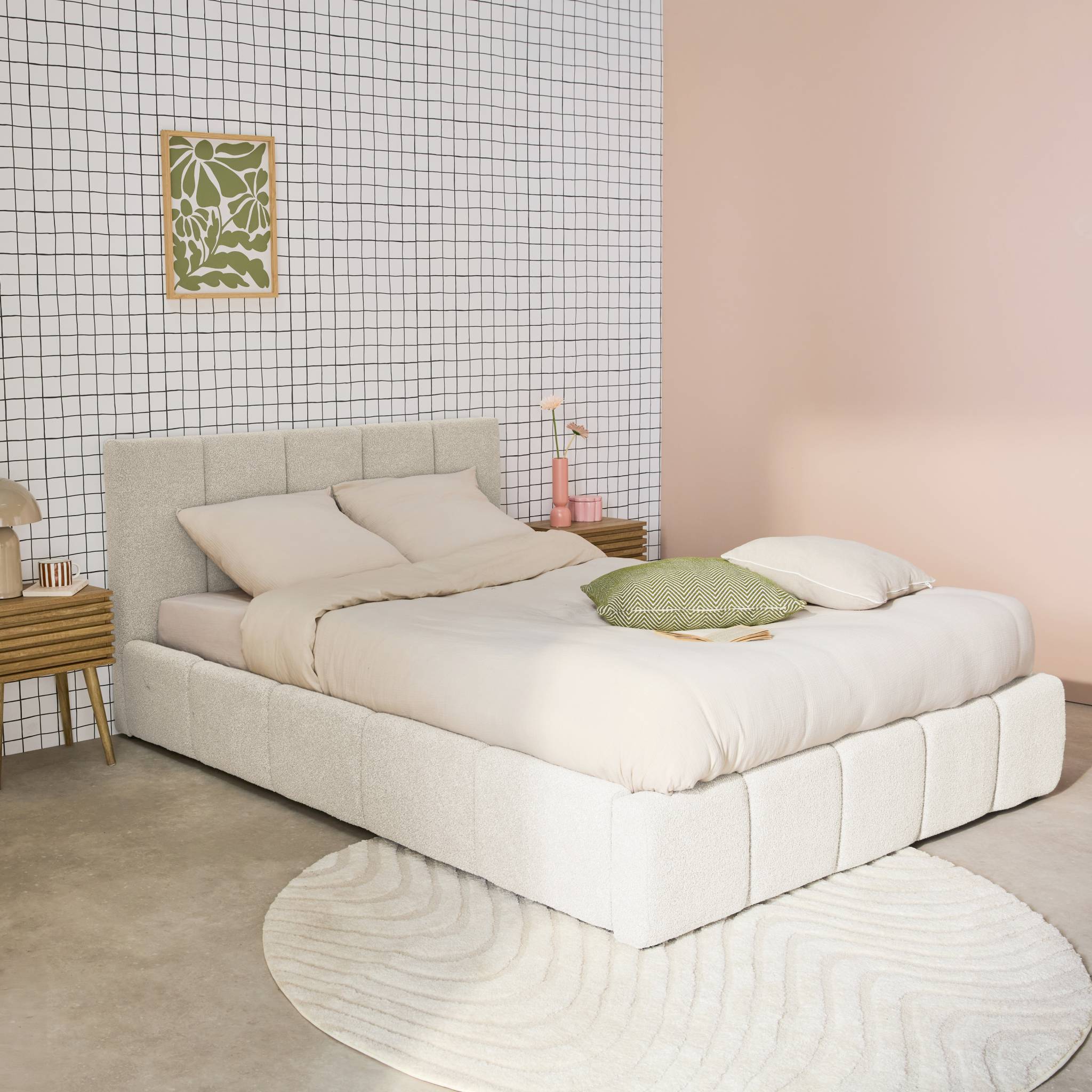 Letto box con rete a doghe e testiera 160 x 200 cm, bouclé , bianco
