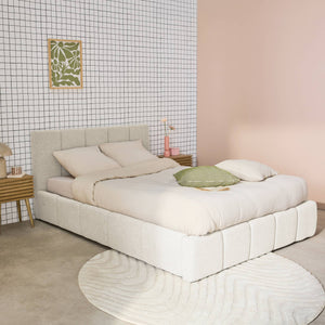 Letto box con rete a doghe e testiera 160 x 200 cm, bouclé , bianco
