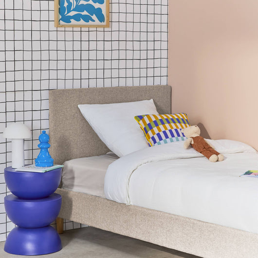 Struttura letto con rete a doghe e testiera 90cm, tessuto semplice,