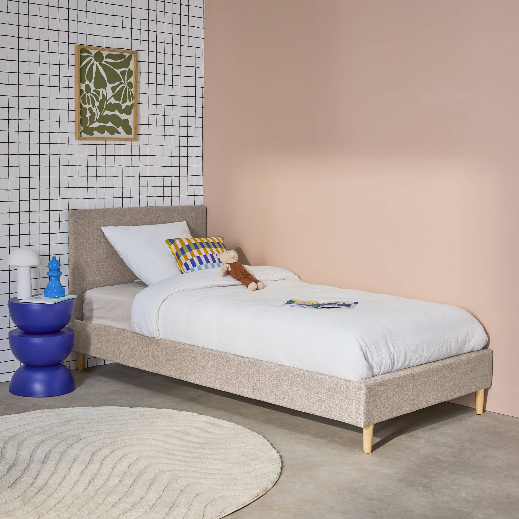 Struttura letto con rete a doghe e testiera 90cm, tessuto semplice,