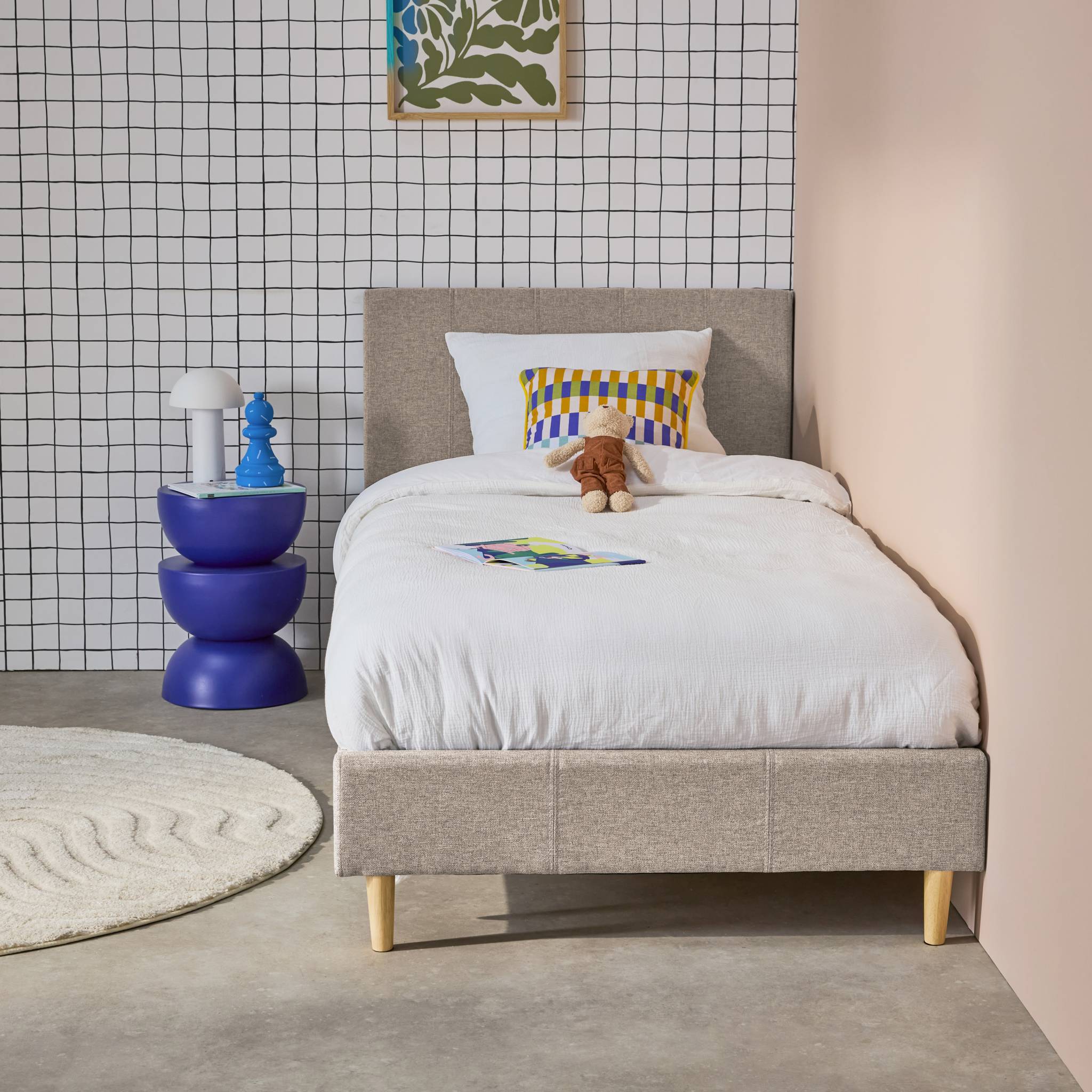 Struttura letto con rete a doghe e testiera 90cm, tessuto semplice,