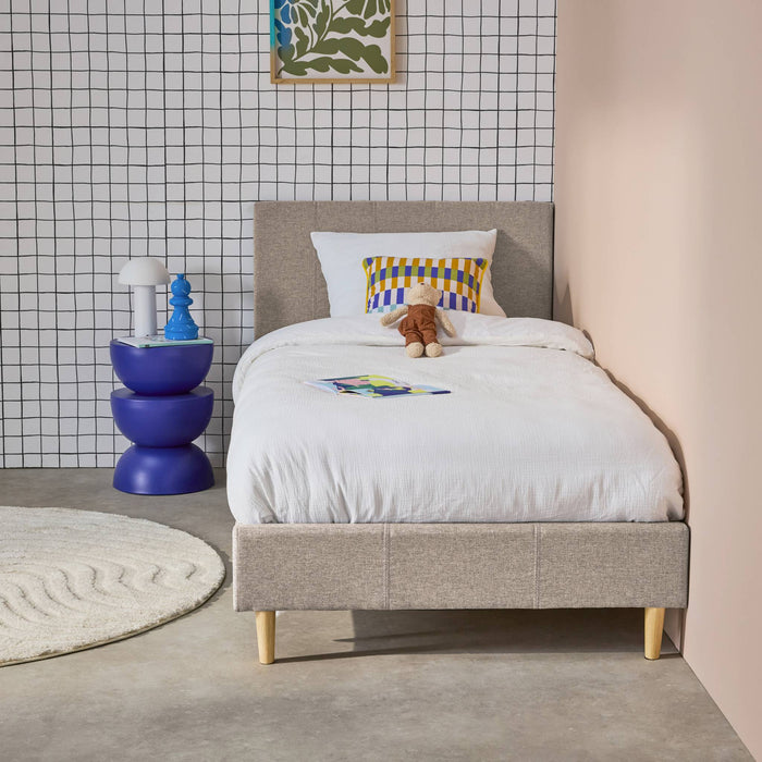 Struttura letto con rete a doghe e testiera 90cm, tessuto semplice,