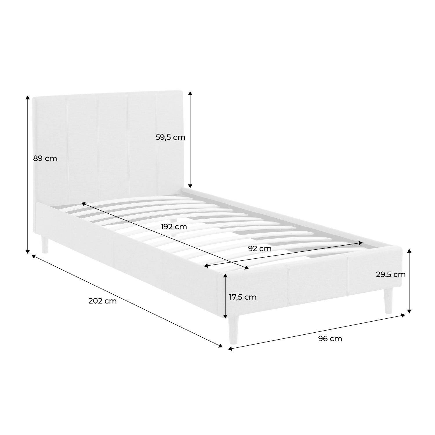 Struttura letto con rete a doghe e testiera 90cm, tessuto semplice,